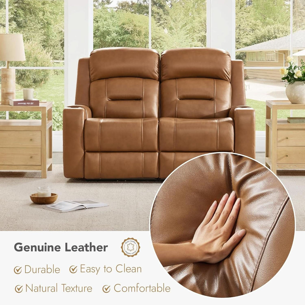 Saddle Brown Leather Power Headrest Loveseat Recliner-4