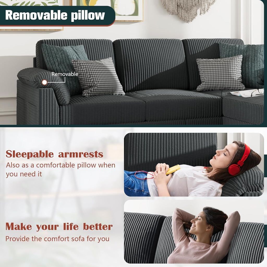 79 Inch Corduroy Upholstered Sectional Sofa Charcoal-3