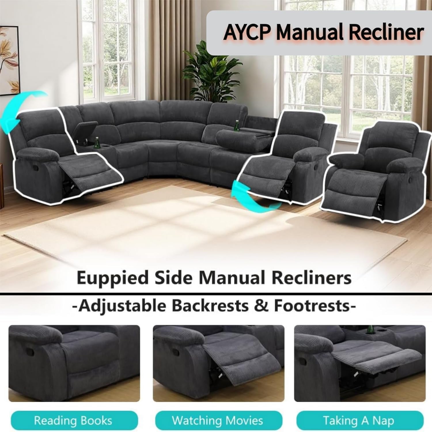 Midnight Grey Corduroy Manual Recliner Sectional Sofa-2