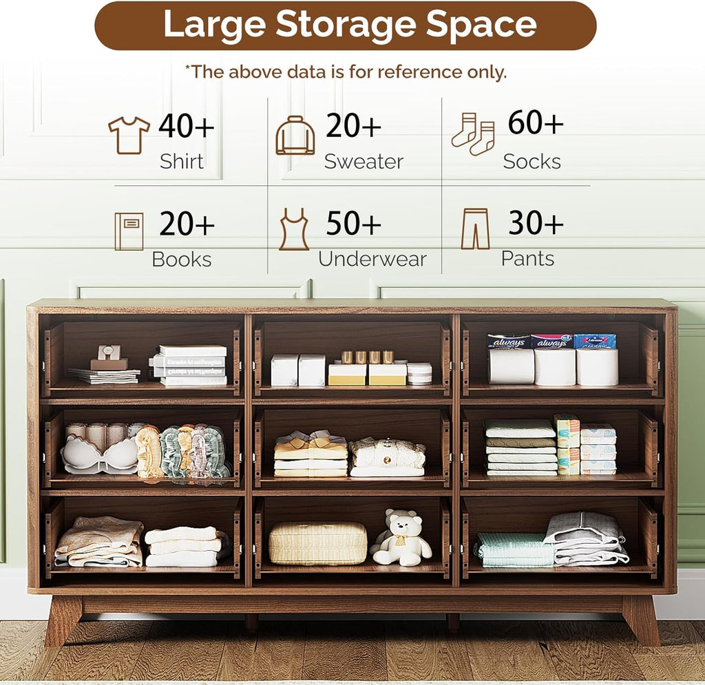 Walnut 57 Inch Fluted Dresser Featuring Metal Handles