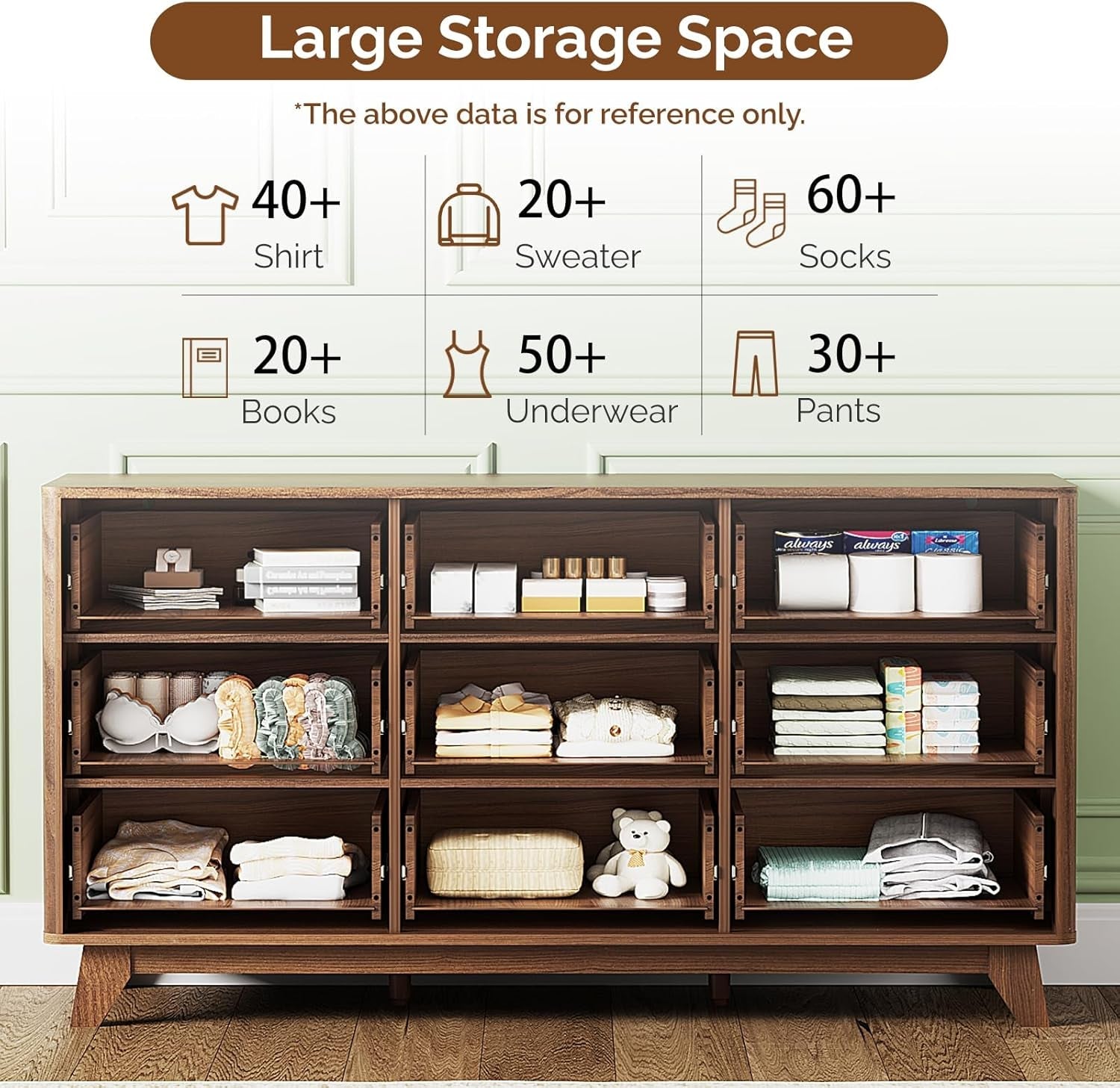 Walnut 57 Inch Fluted Dresser Featuring Metal Handles