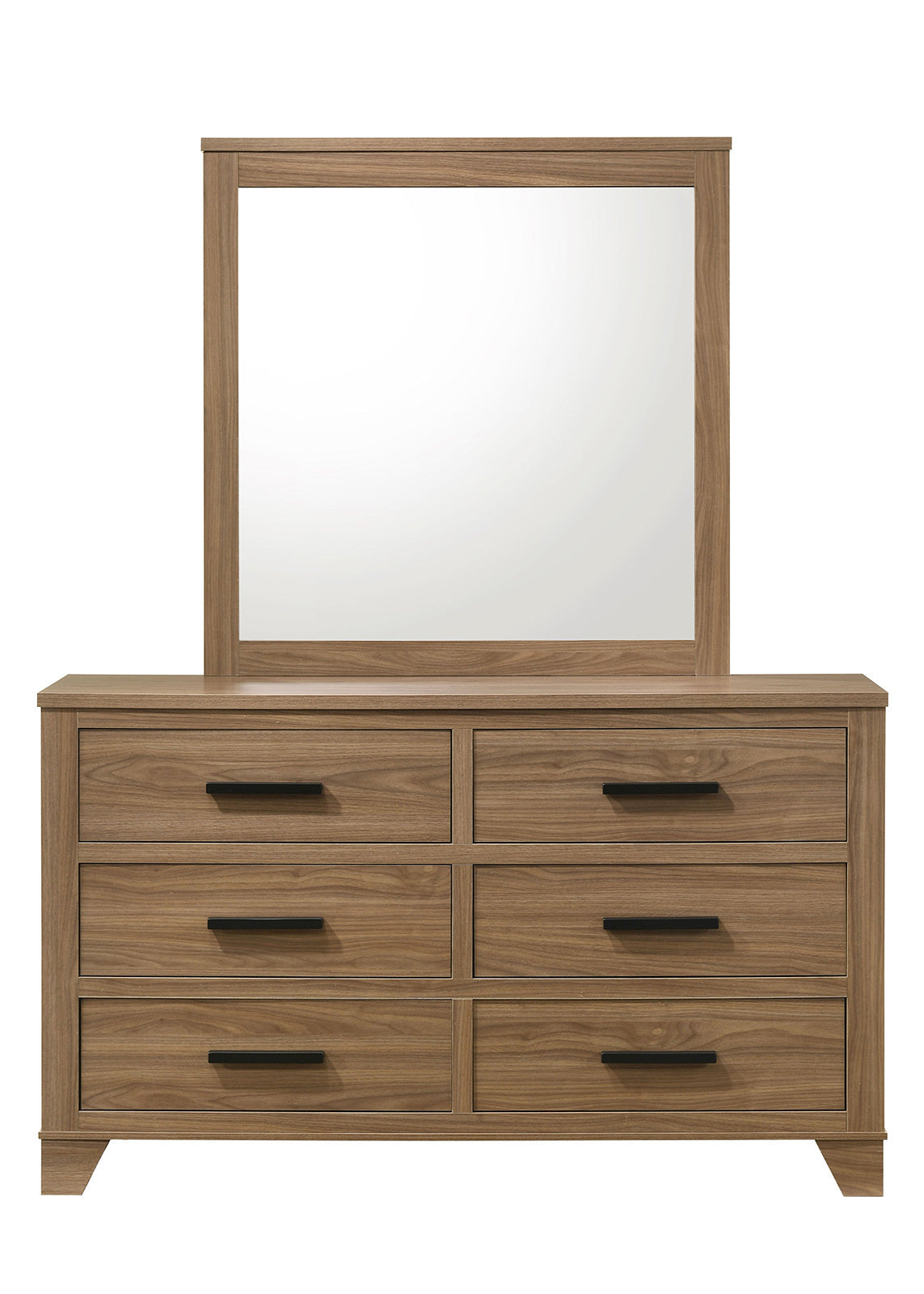 Dresser W Mirror Walnut Color Six Drawers Black Bar Pulls Transitional Style Bedroom Wooden