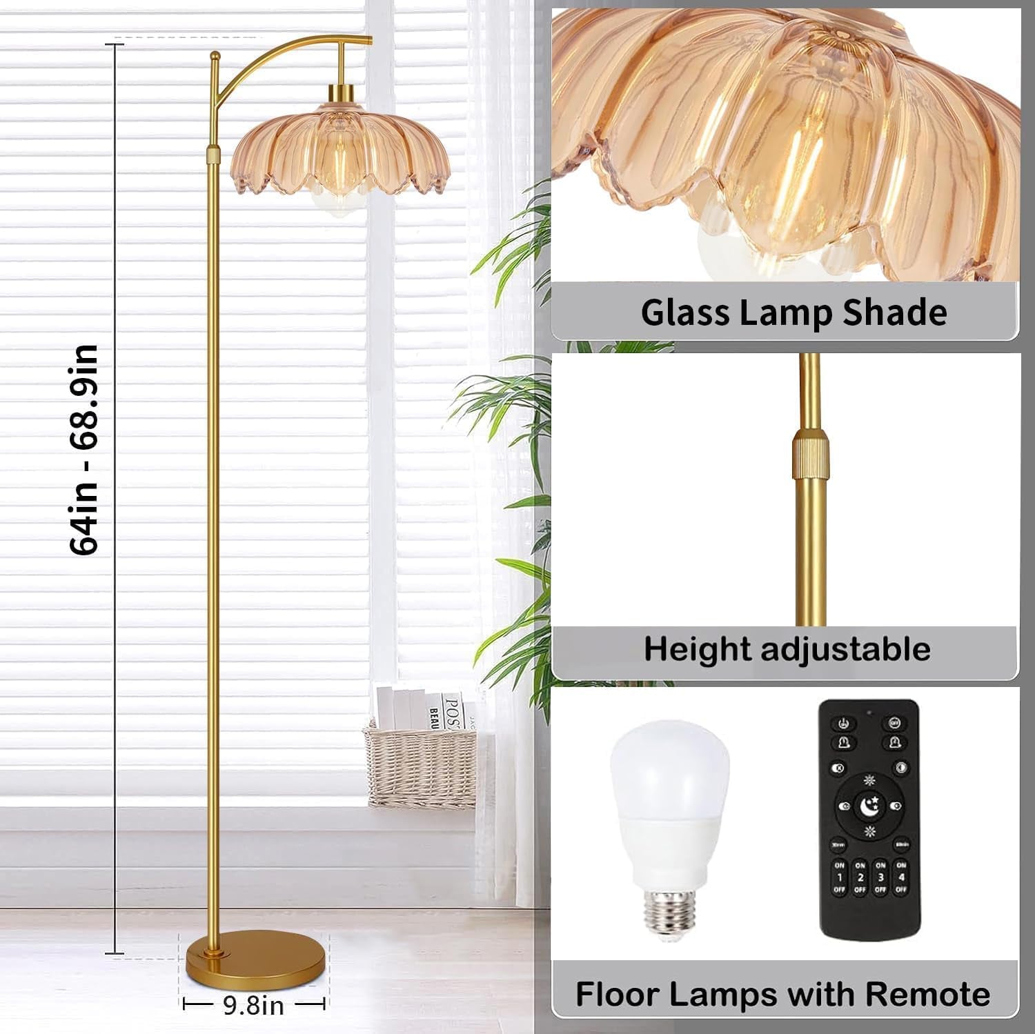 Gold Floor Lamp Arc Midcentury Amber Remote Control-3