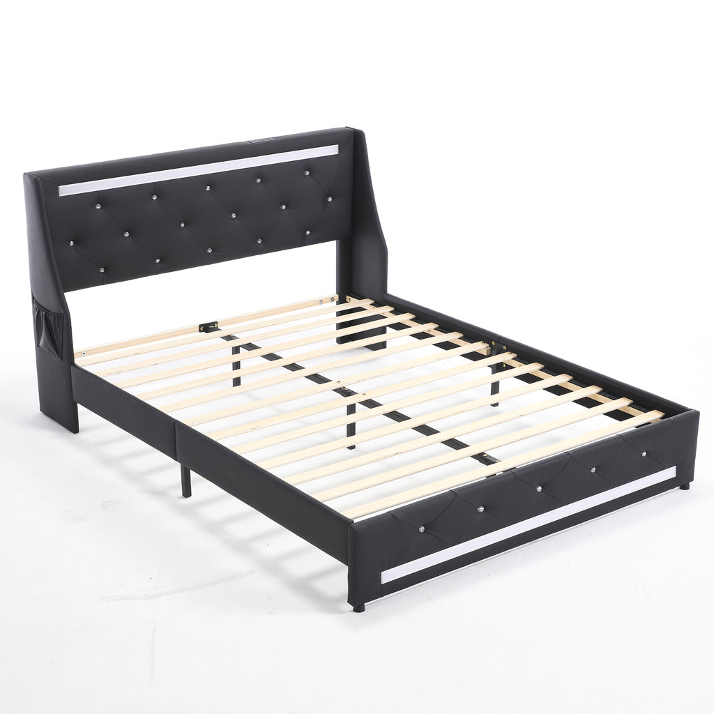 Black Upholstered Queen Size Platform Bed Frame with LED Lights, Charging Station, Diamond Headboard, Wooden Slats, Easy Assembly, No Box Spring Needed, Noise Free