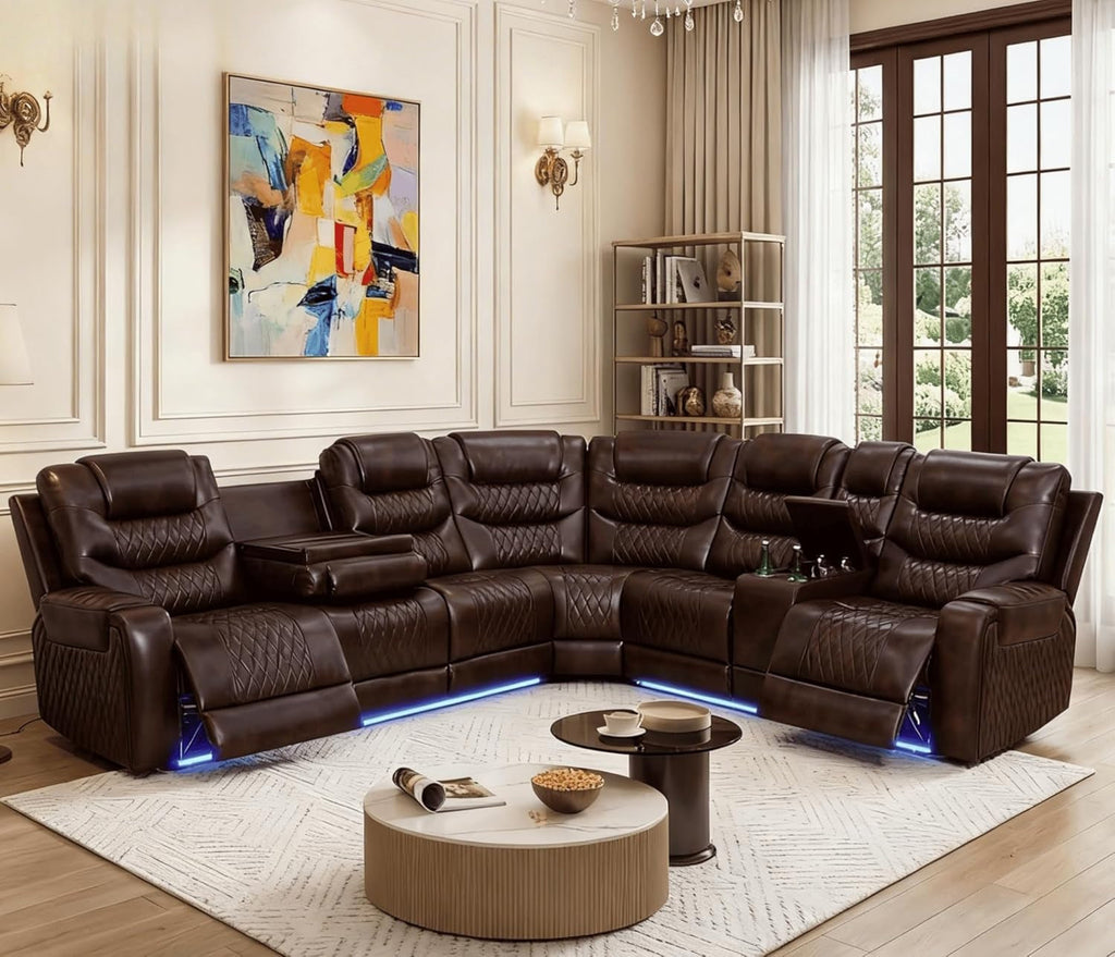 Motorized Recliner Sectional Sofa LED Lighting Brown-4