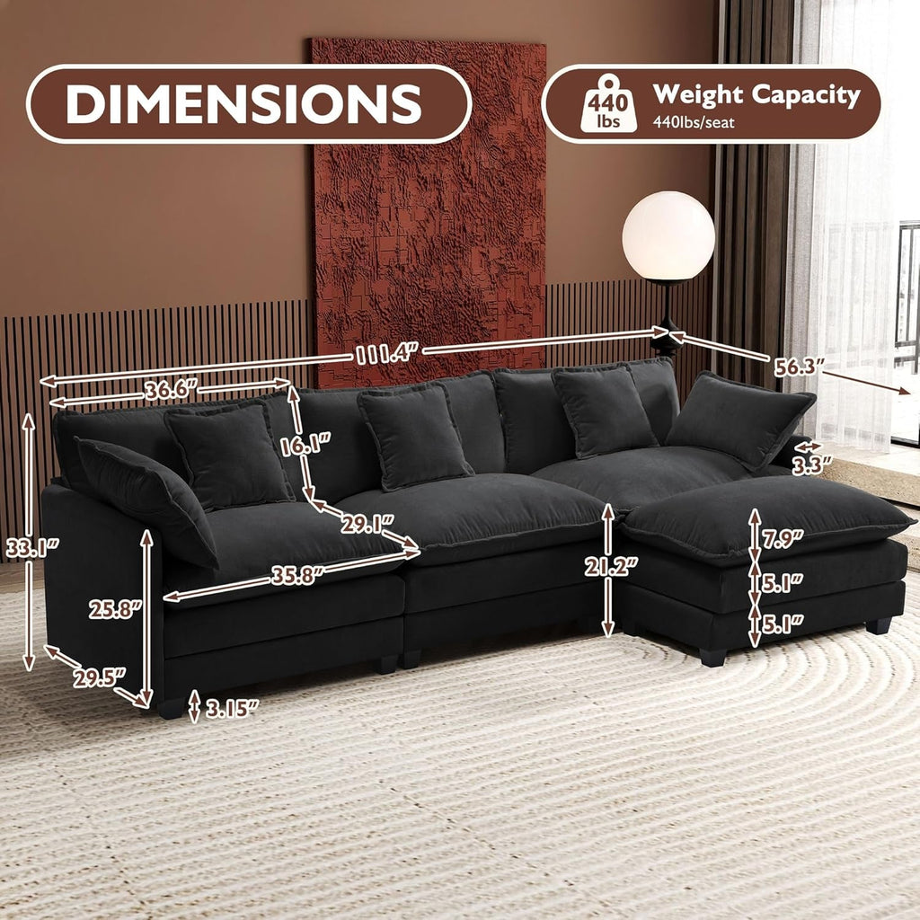 111.4-Inch L-Shaped Black High-Resilience-Deep-Seat Sectional Sofa-1