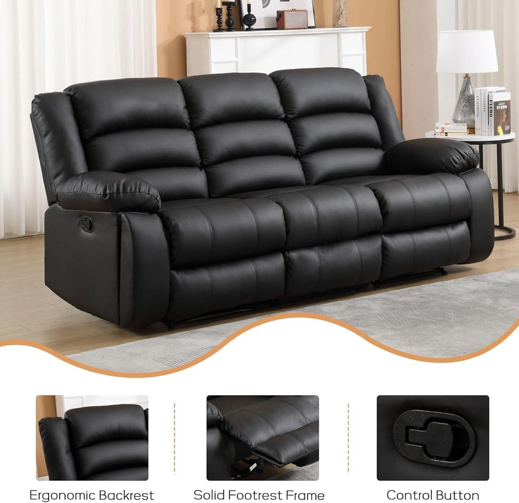 Black Faux Leather Manual Recliner Sofa Cupholders-2