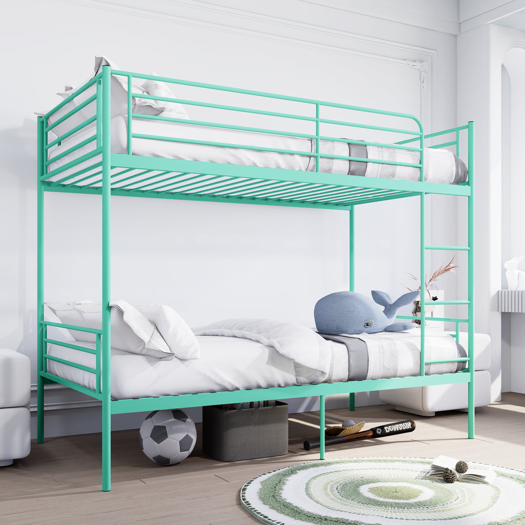 Bunk Bed with Ladder and high Guardrail, Able to Split, Metal Bunk Bed, Storage Space, Noise Free,Twin Over Twin Size,Green