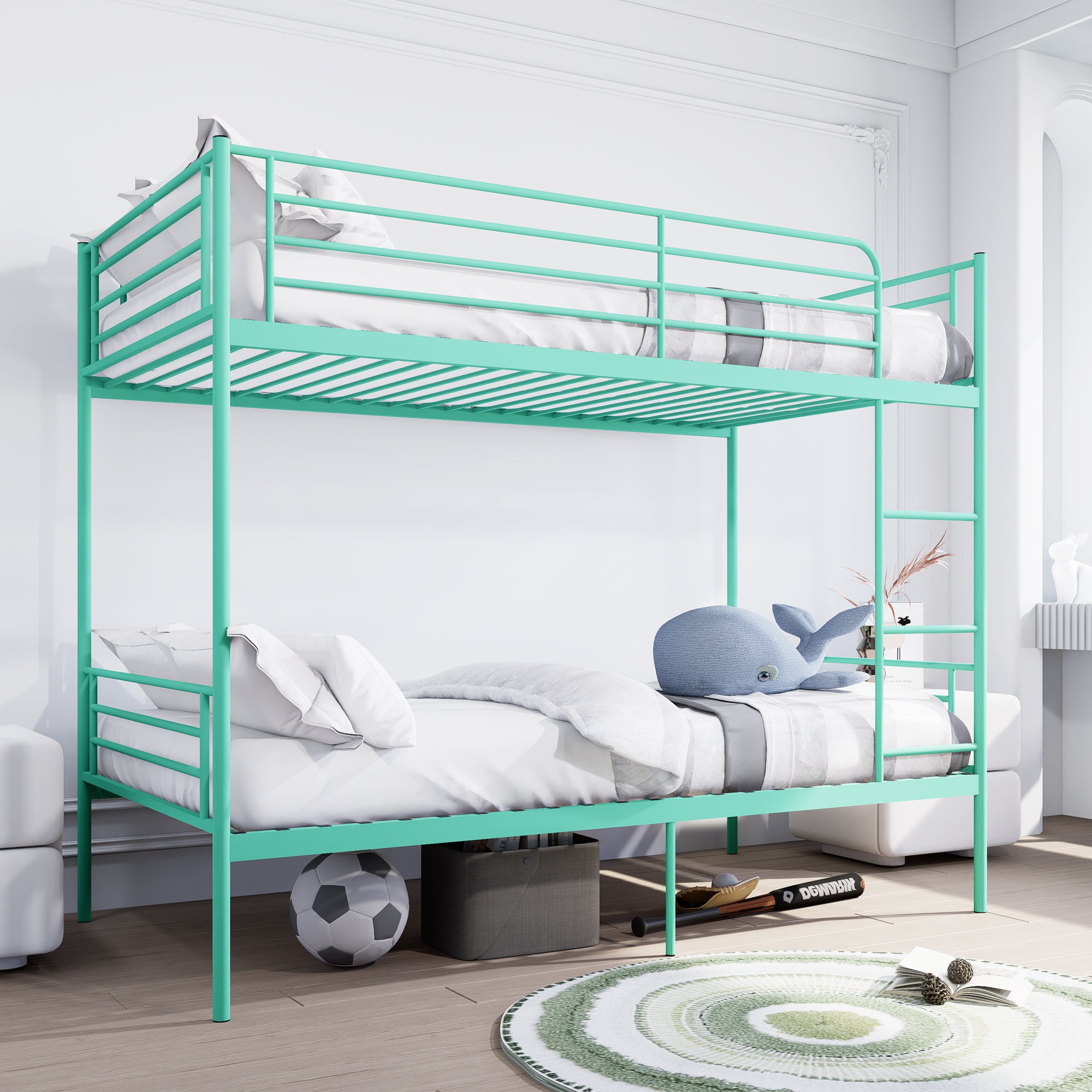 Bunk Bed with Ladder and high Guardrail, Able to Split, Metal Bunk Bed, Storage Space, Noise Free,Twin Over Twin Size,Green
