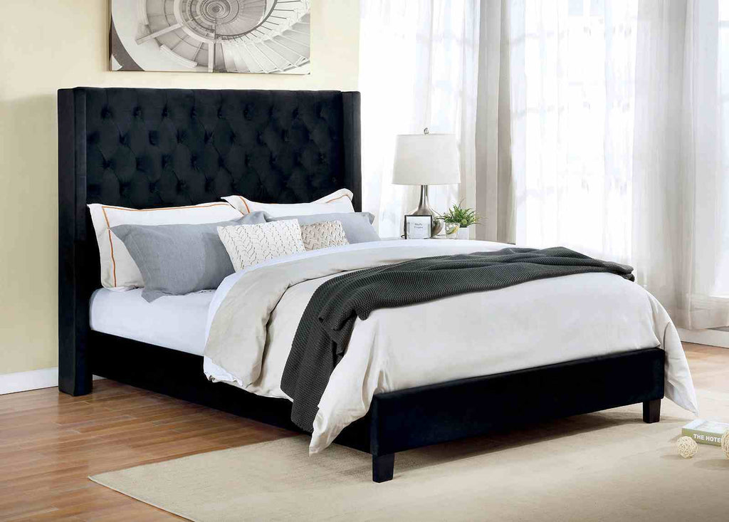 Elegant Black 1pc Queen Size Bed Fully Upholstered Frame Fabric Tufted HB Bedroom Wingback Design