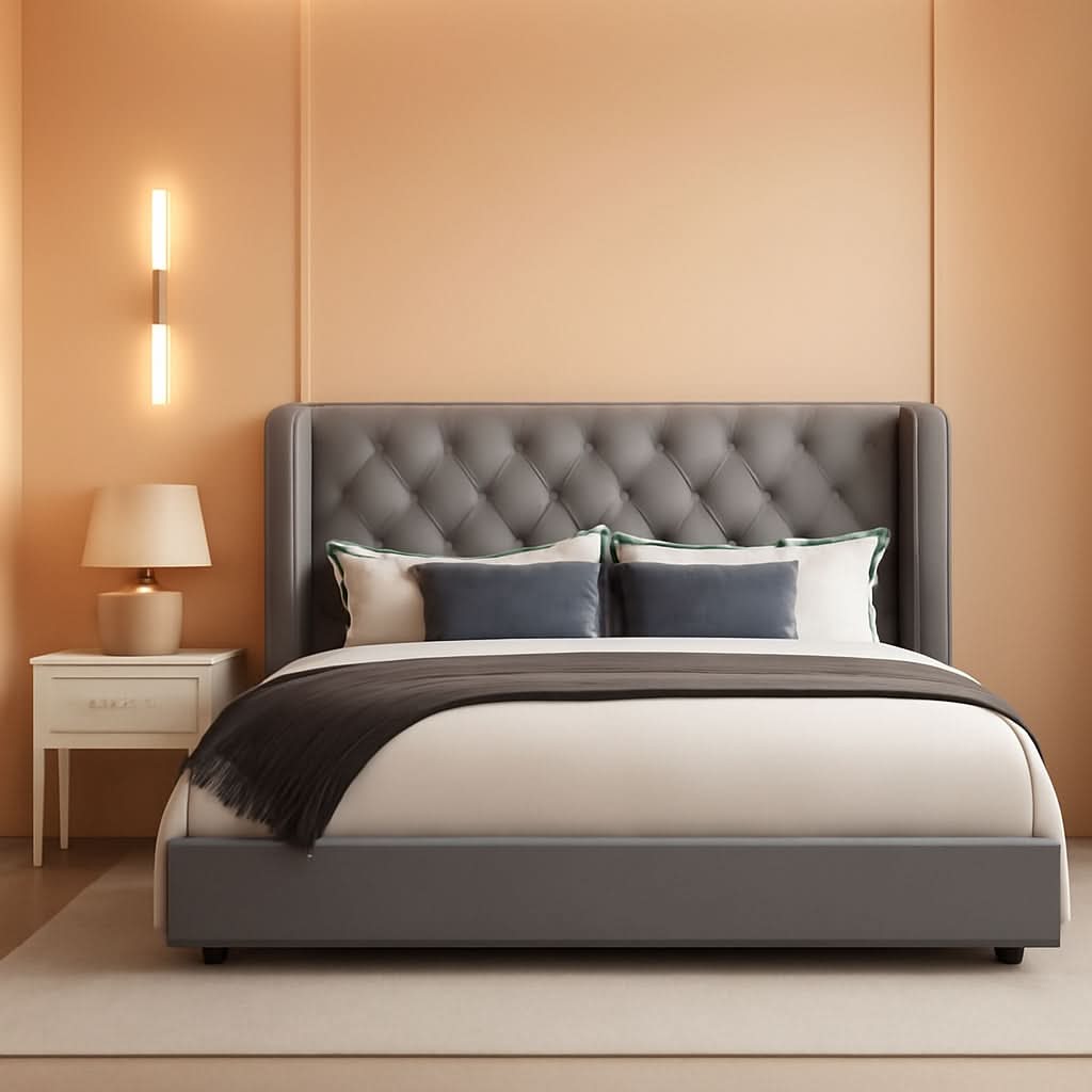 Grey VelvetLux Upholstered King Bed Frame Wing back-0