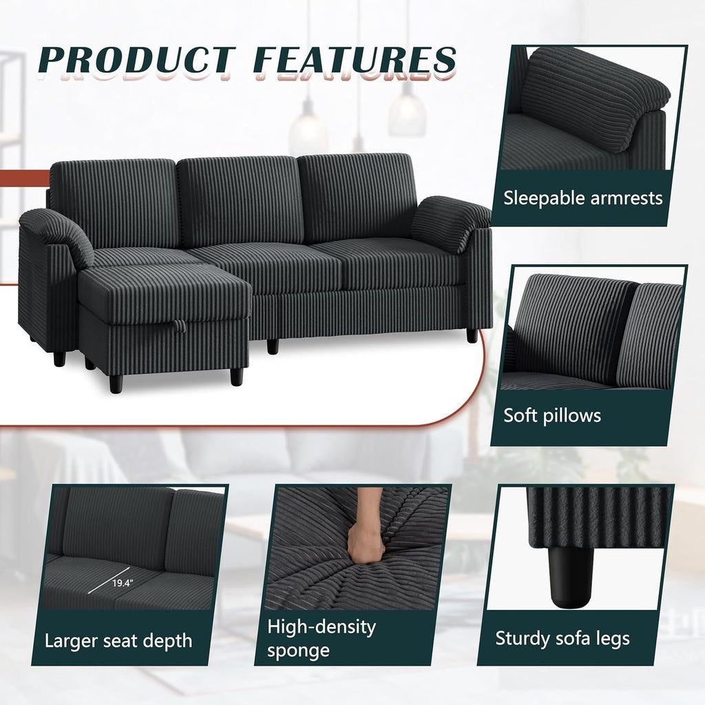 79 Inch Corduroy Upholstered Sectional Sofa Charcoal-2