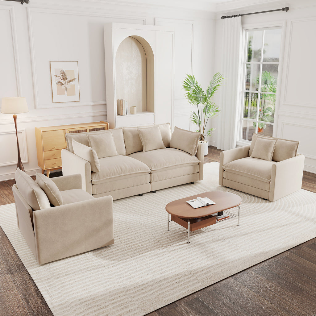 3 Piece Sofa Set with Arm Pillows and Toss Pillows , Sofa Set Include 2- Piece of Arm Chair and One 2-seat Sofa, Space Saving Casual Sofa Set for Living Room, Light Coffee Chenille