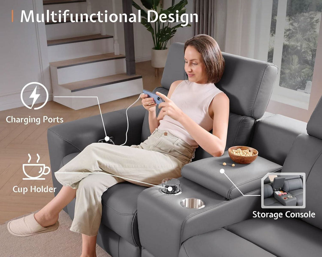 Grey Leather Power Recliner Sofa With Center Console-4
