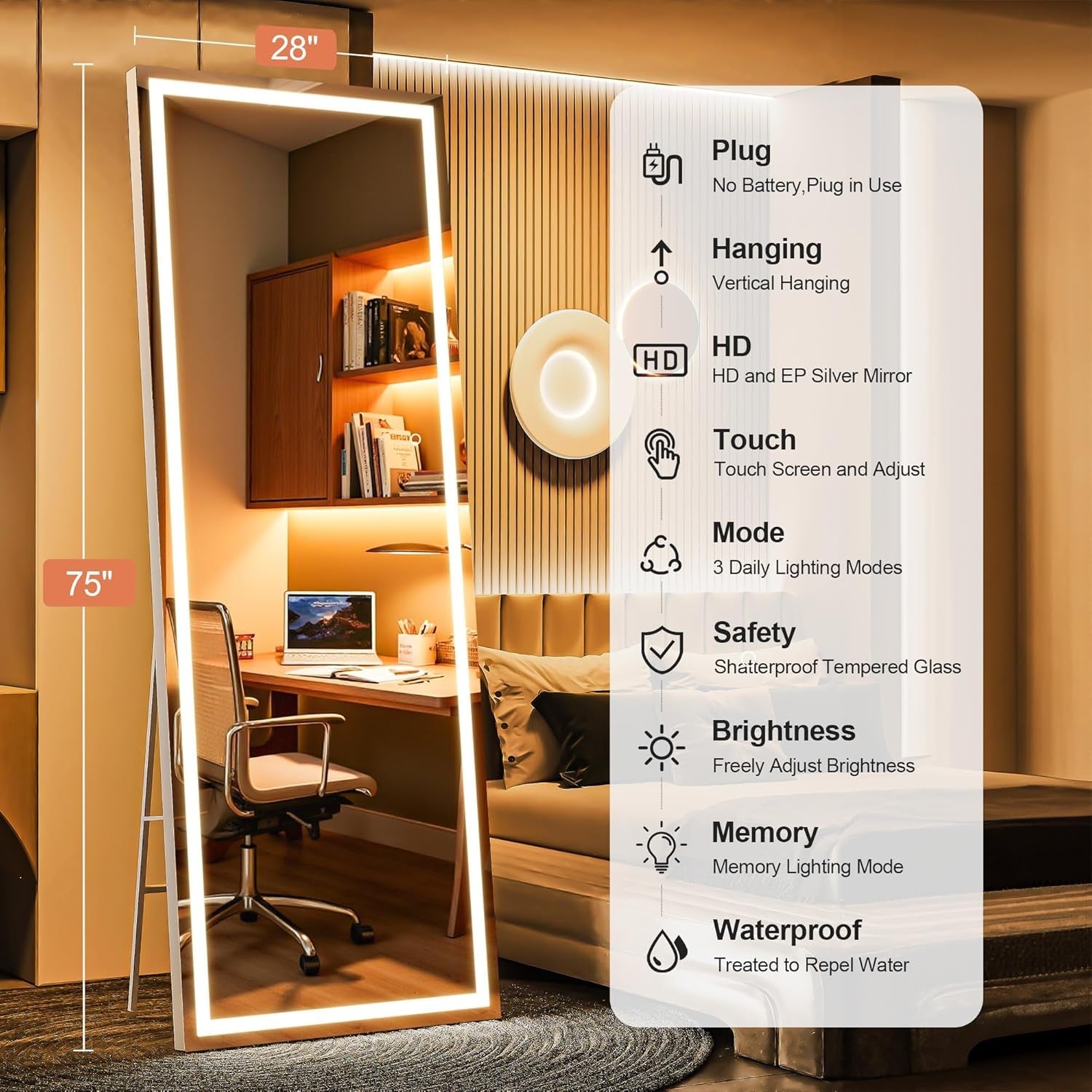 75x28 Inch LED Full Length Floor Mirror with Dimmable Lights and White Frame