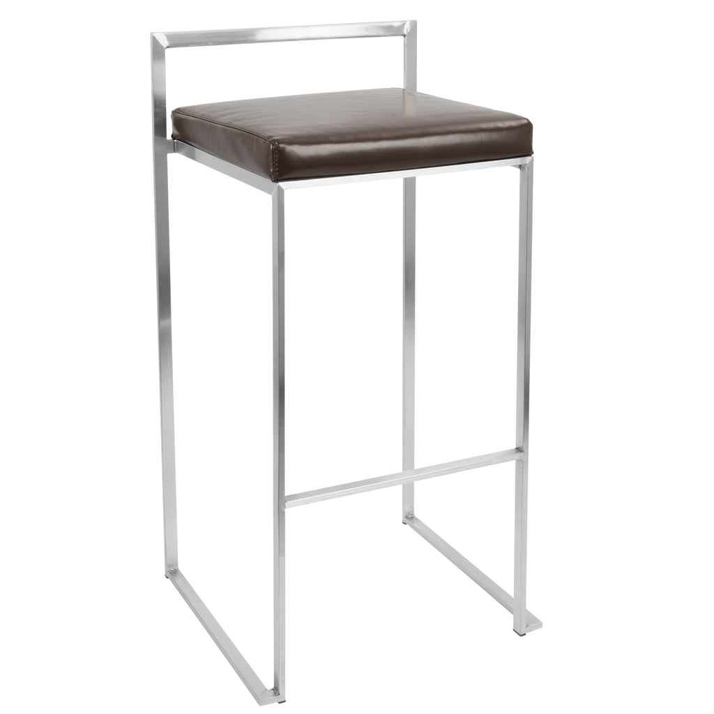 Contemporary Stackable Barstool with Brown Faux Leather  - Set of 2