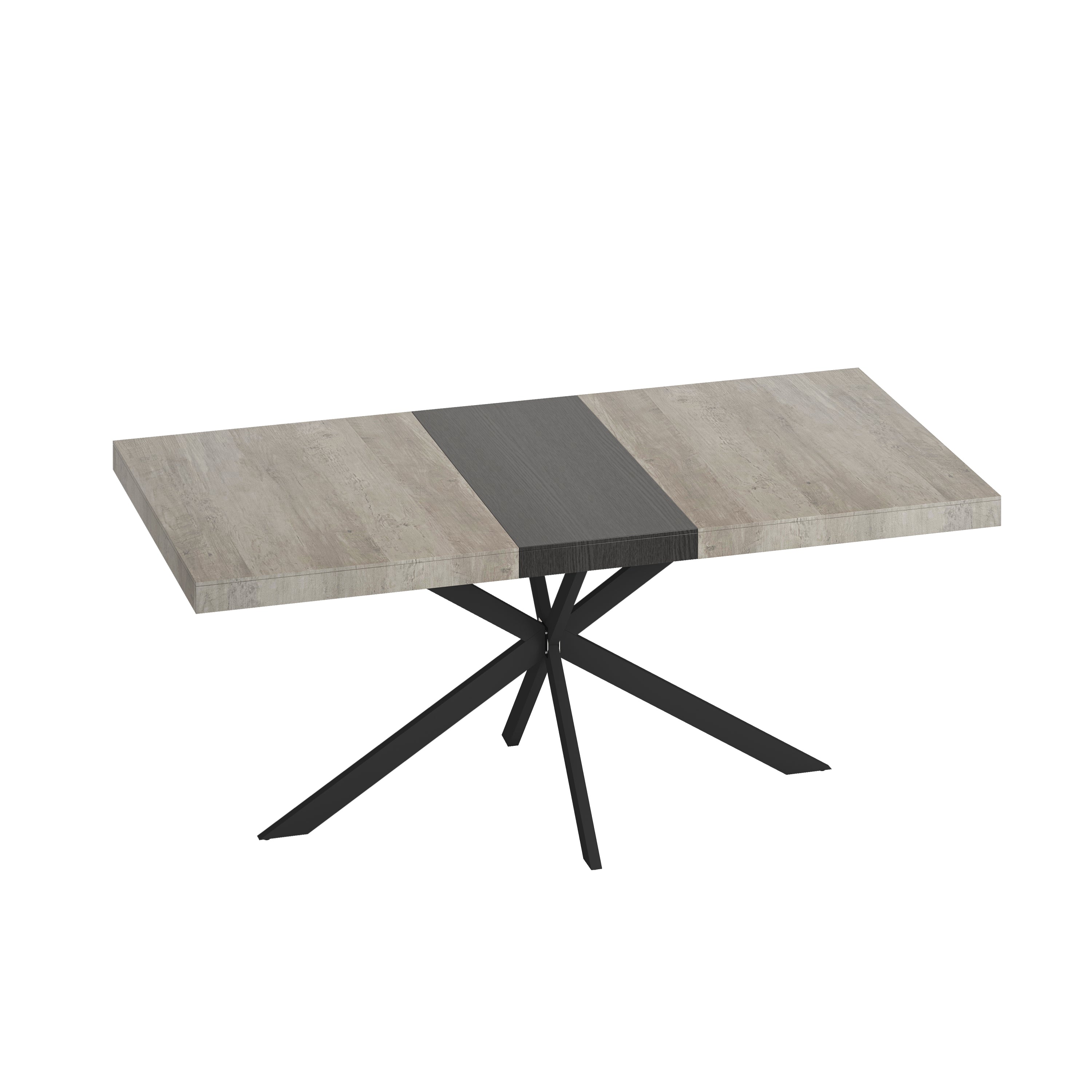 Retro Rectangular Stretch Dining Table in Grey Carole Top with Black Embossed Center Plate and Black Fine Sand Cross Iron Base, Storage Box Included, 55.11''-70.86'' Expandable