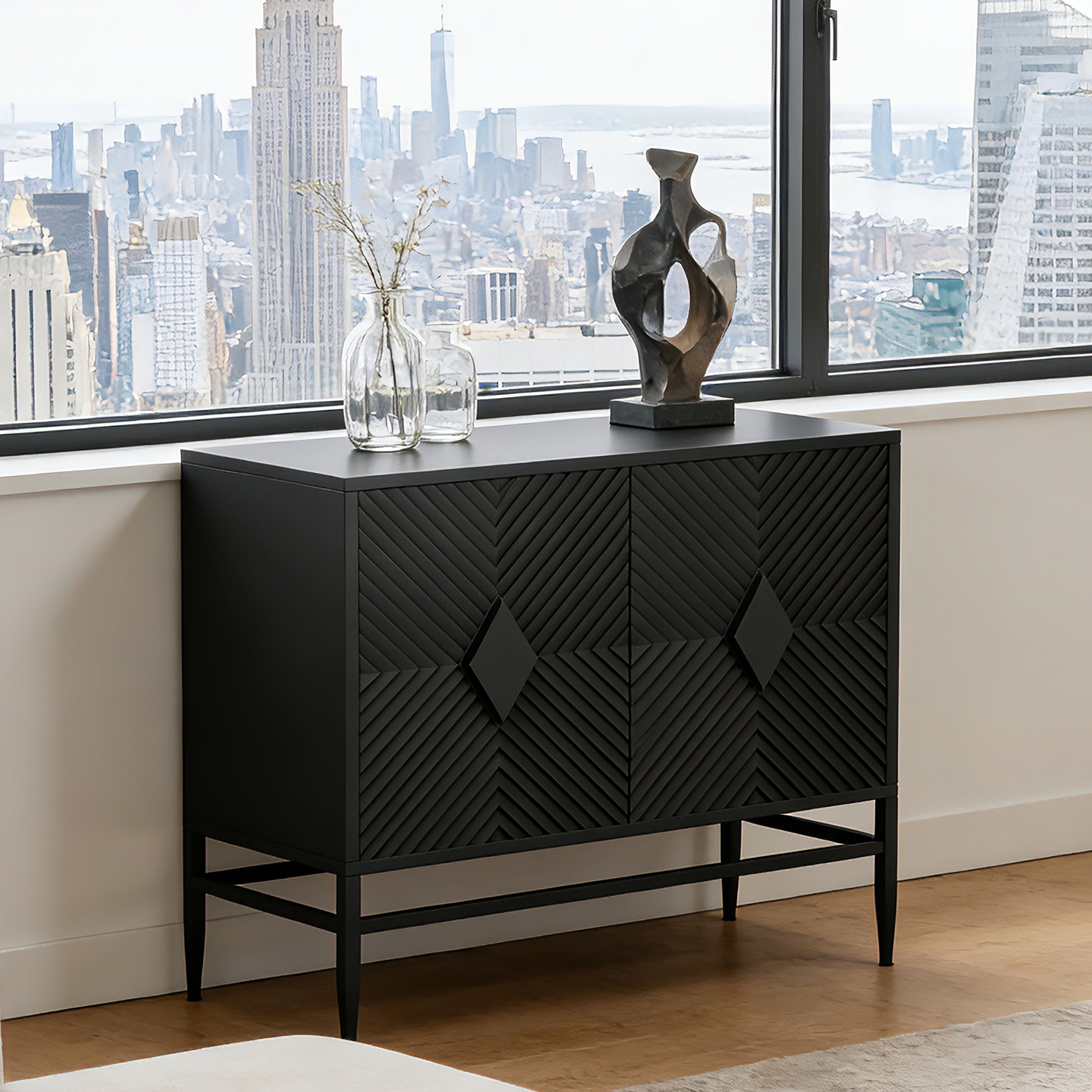 31.50' Modern 2 Door Wooden Storage Cabinet Accent Cabinet with Metal Leg Featuring Two-tier Storage, for Living Room, Entryway and Dining Room, Painted in Black