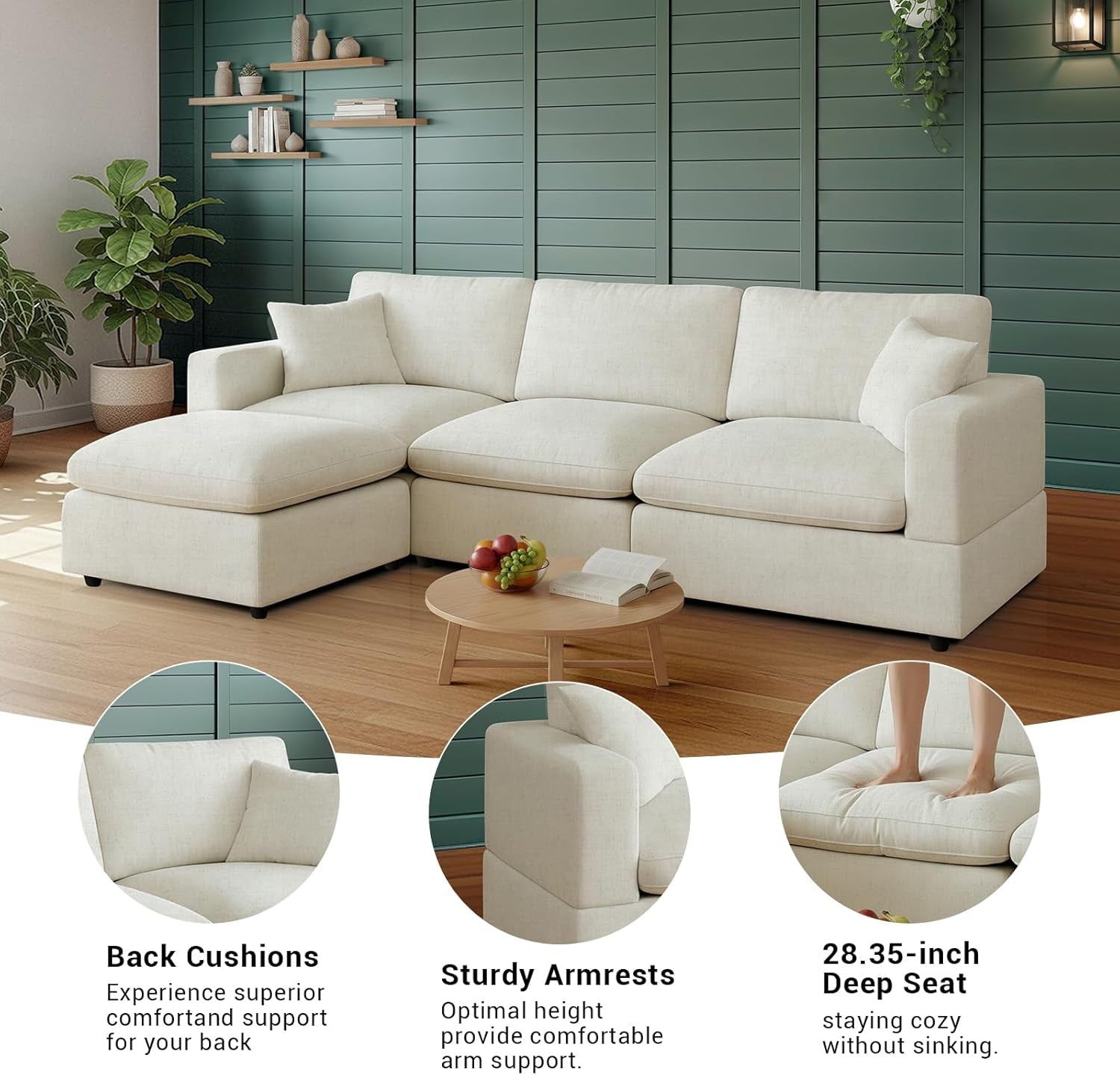 68-Inch White Modular Sectional Sofa Cushioned Comfort-2