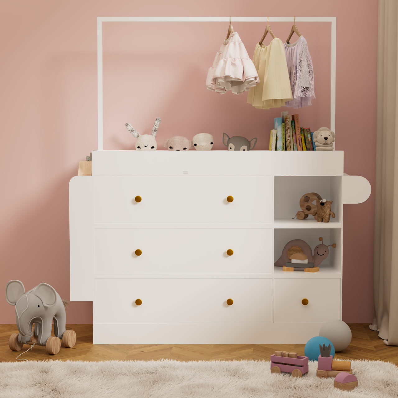 Modern  Table Dresser,Baby Dressing Table with 3 extra deep Drawers and Storage Shelves and Hangers, Multi-Functional Baby Changing Table with Drying Rack for Nursery, White