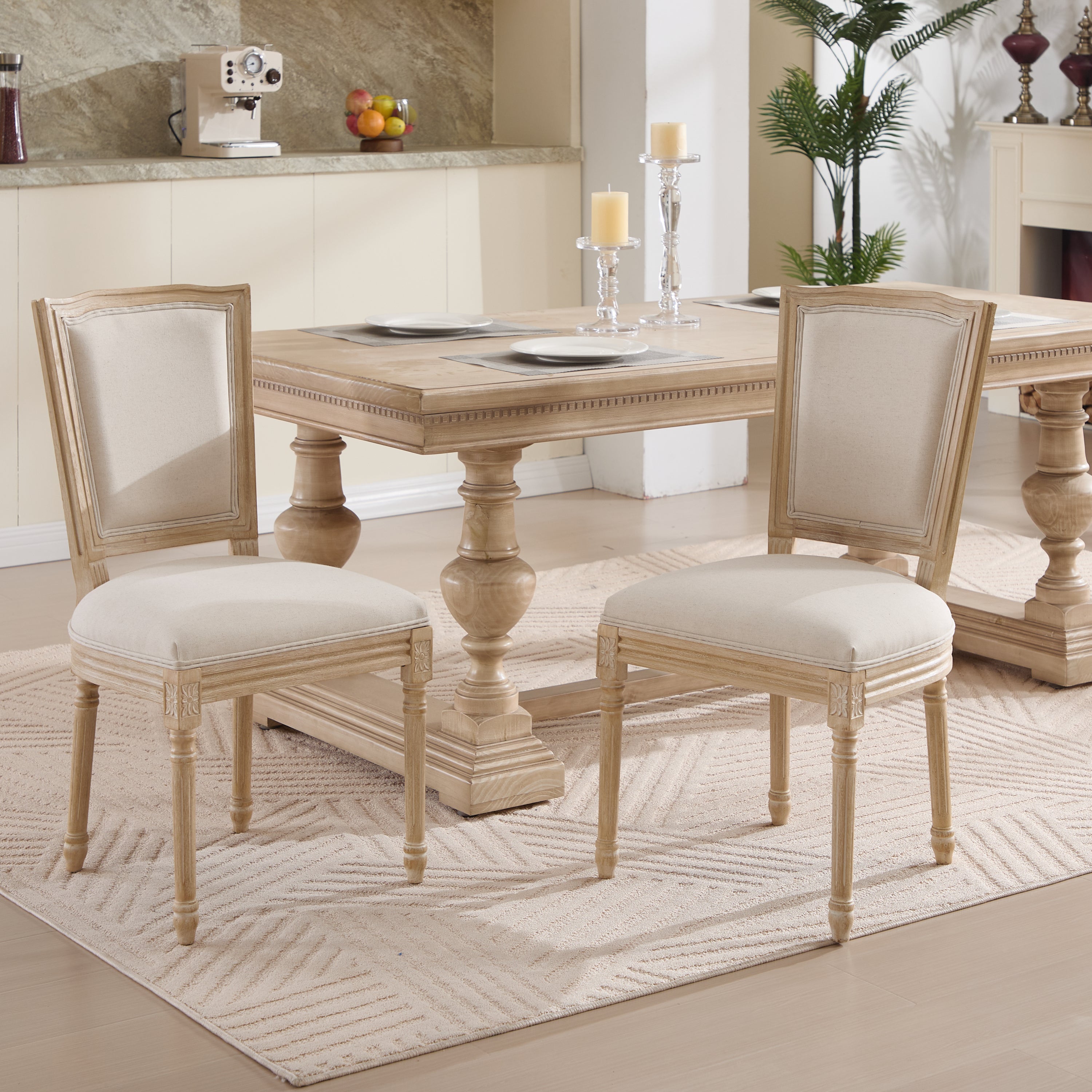 French Country Dining Chairs Set of 2, Upholstered  Chairs with  T-shaped Back, Wire drawing and carving techniques ,Disassemblable ,  for Living Room, Kitchen , Restaurant Use, Beige