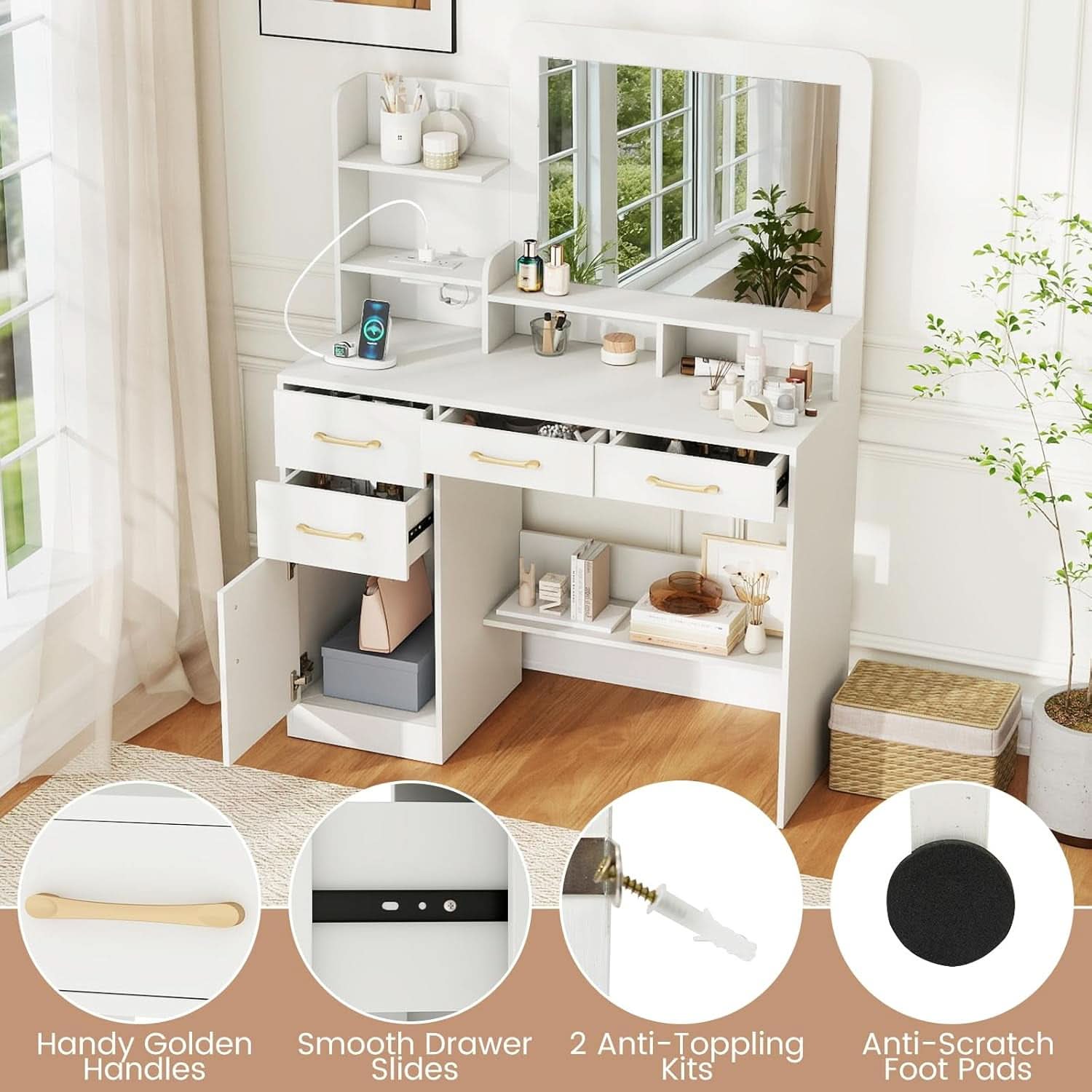 Contemporary White 40 Inch Makeup Vanity Desk Mirror-3