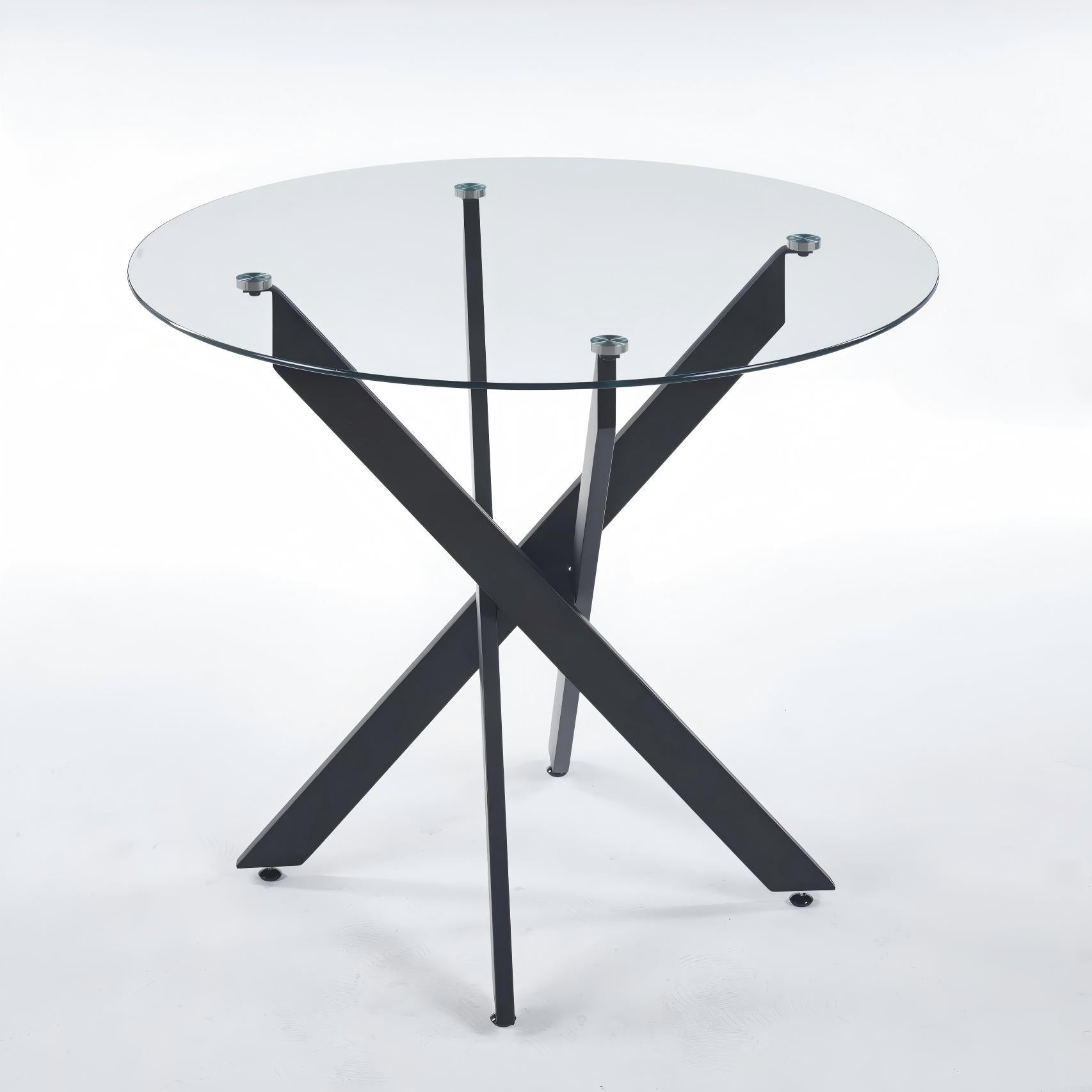 Modern Black Dining Table with Cross Metal Legs and Tempered Glass Top, Space-Saving Kitchen Table for Living Room