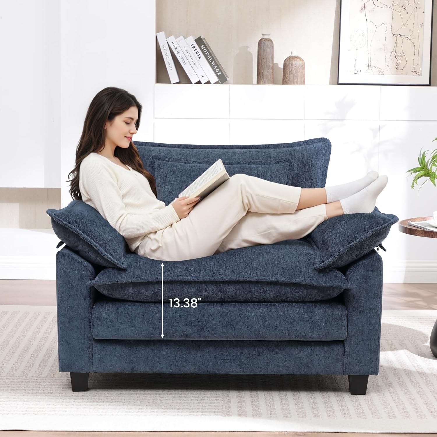 Oversized Chenille Accent Chair Blue DeepSeat Cushioned