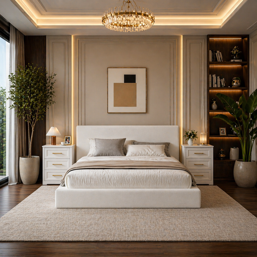 King Cloud Upholstered Bed Frame with Headboard + 2 White Nightstands Set with Charging Station-0