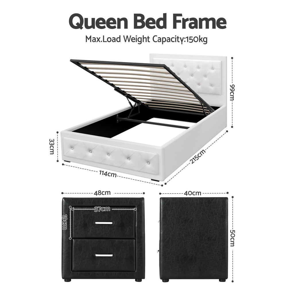 Artiss King Single Bed Frame Storage White Leather Gas Lift Bed Black Bedside Table Set-1