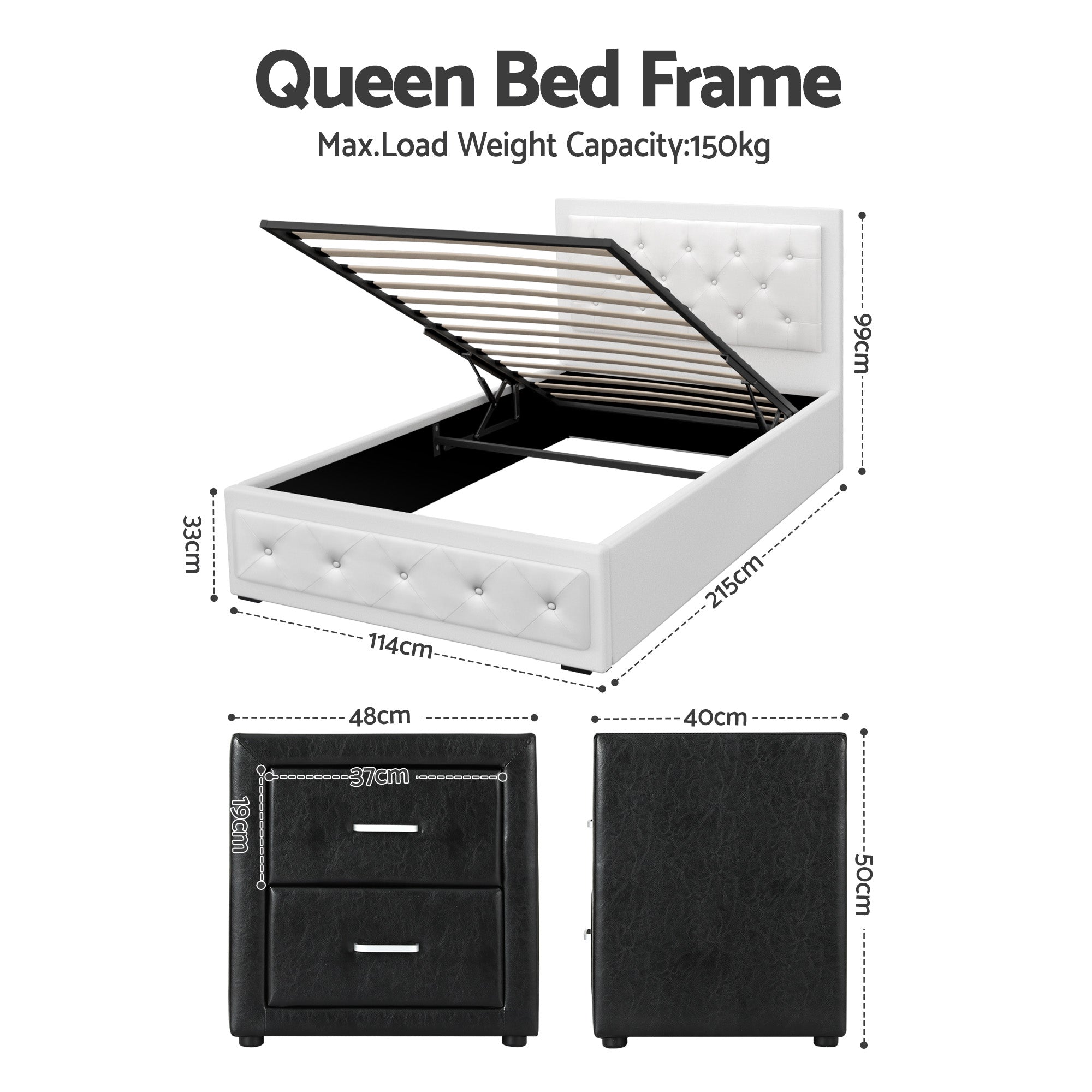 Artiss King Single Bed Frame Storage White Leather Gas Lift Bed Black Bedside Table Set-1