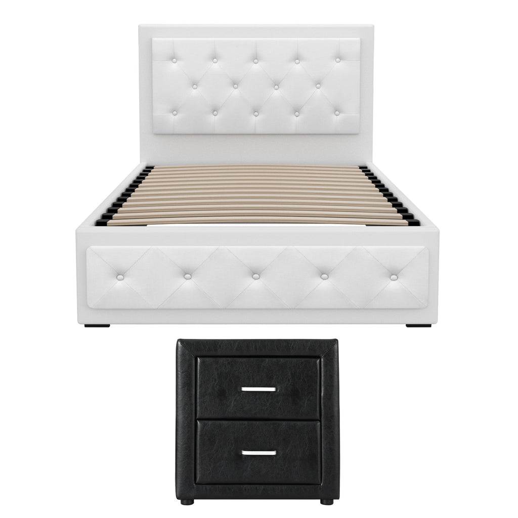 Artiss King Single Bed Frame Storage White Leather Gas Lift Bed Black Bedside Table Set-2