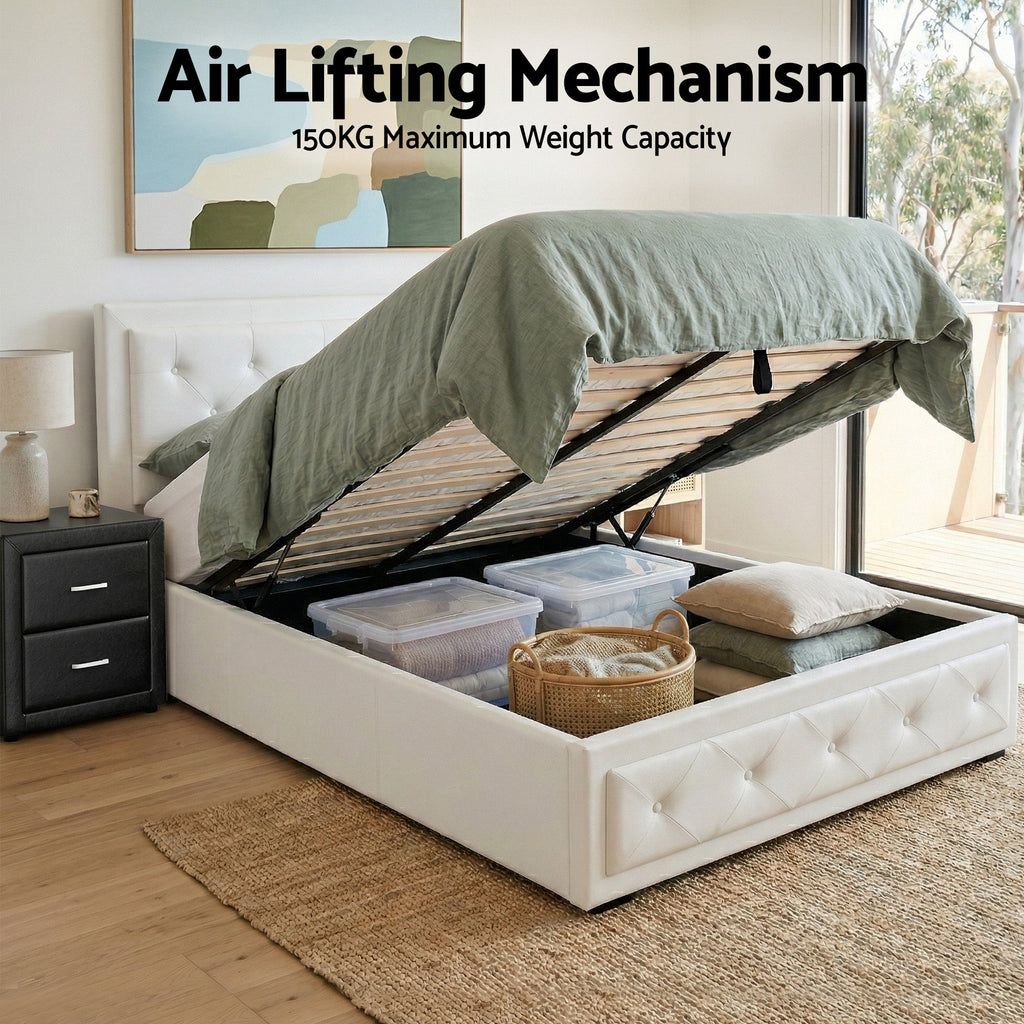 Artiss King Single Bed Frame Storage White Leather Gas Lift Bed Black Bedside Table Set-3