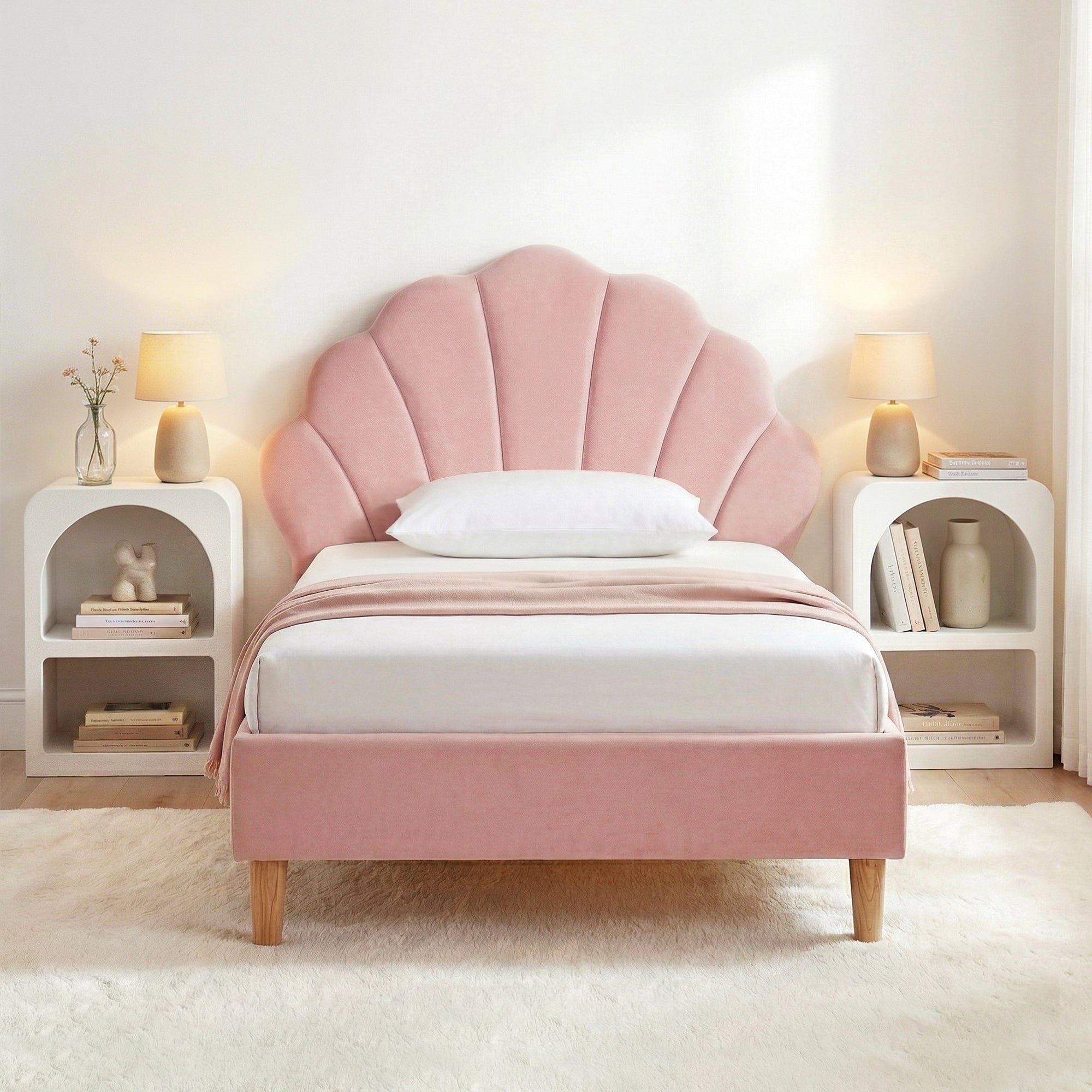 Artiss Bed Frame King Single with 2 Bedside Tables Set Scallop Headboard Pink Velvet Fabric Beds Base-0