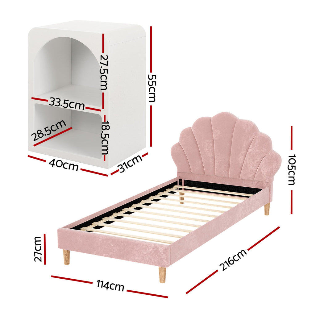 Artiss Bed Frame King Single with 2 Bedside Tables Set Scallop Headboard Pink Velvet Fabric Beds Base-1