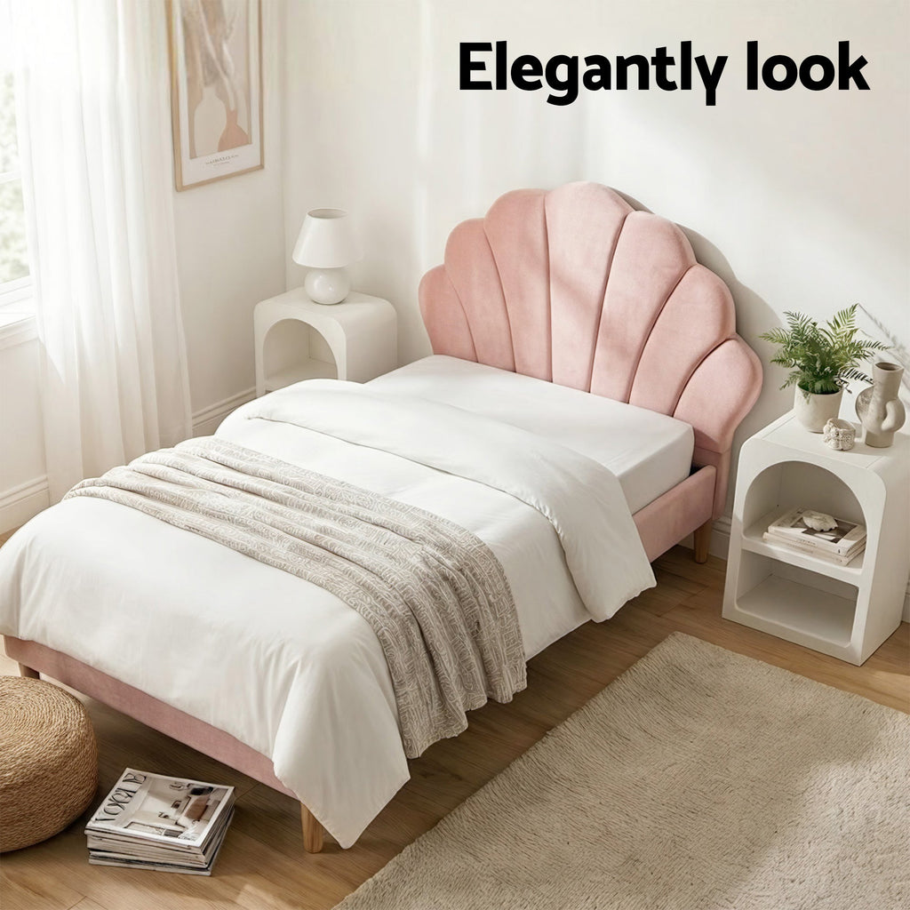 Artiss Bed Frame King Single with 2 Bedside Tables Set Scallop Headboard Pink Velvet Fabric Beds Base-3