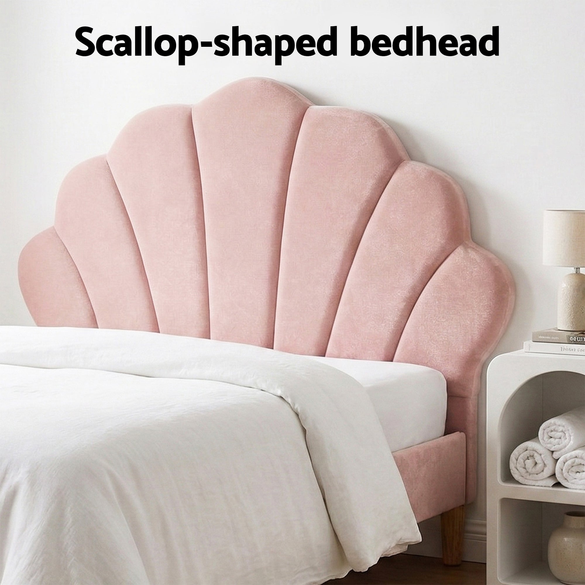 Artiss Bed Frame King Single with 2 Bedside Tables Set Scallop Headboard Pink Velvet Fabric Beds Base-4
