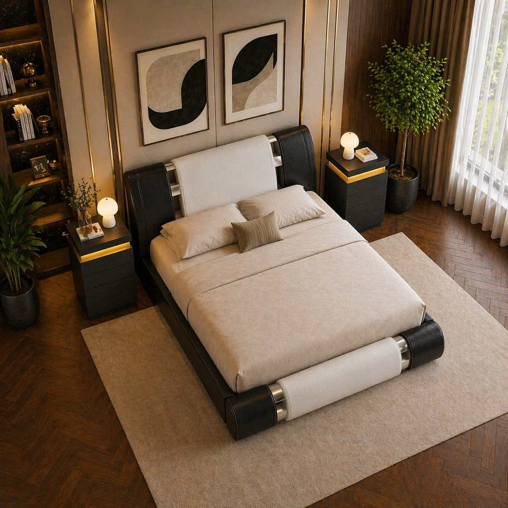 King Faux Leather Platform Bed with Adjustable Headboard + 2 LED Nightstands Set-1