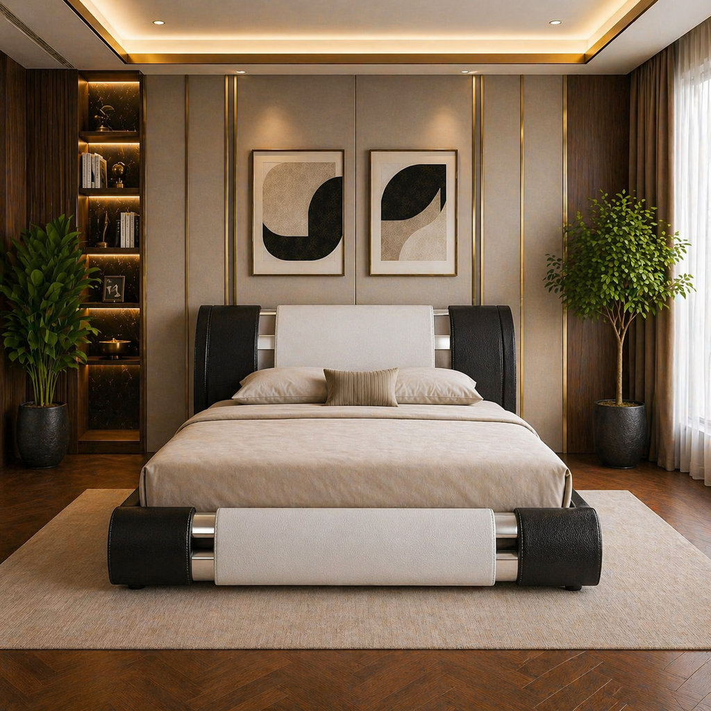 King Faux Leather Platform Bed with Adjustable Headboard + 2 LED Nightstands Set-4
