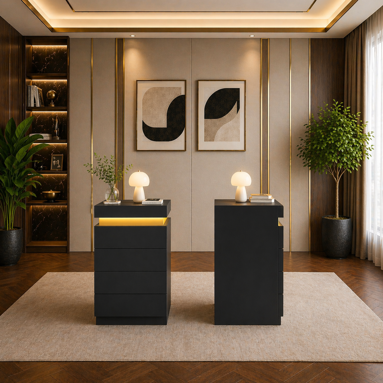 King Faux Leather Platform Bed with Adjustable Headboard + 2 LED Nightstands Set-3