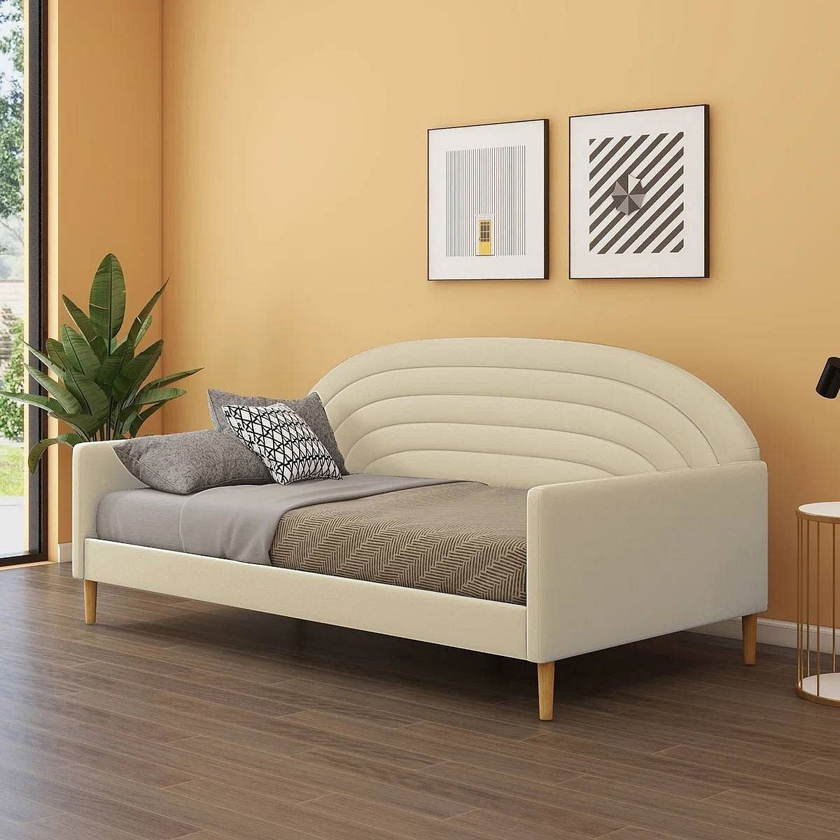Twin size Mid-Century Modern Off-White Cream Velvet Upholstered Daybed-0