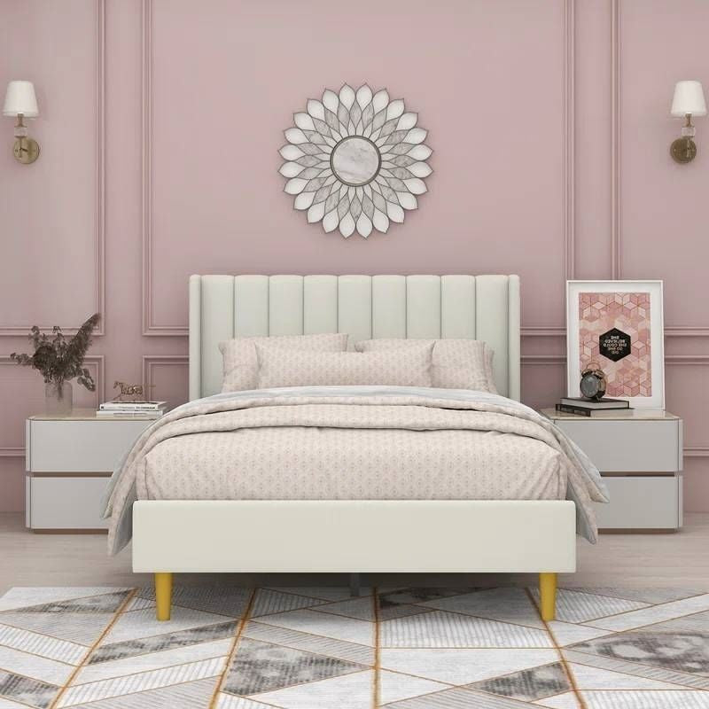 Full size Mid-Century Platform Bed Frame with Cream Velvet Upholstered Headboard-0