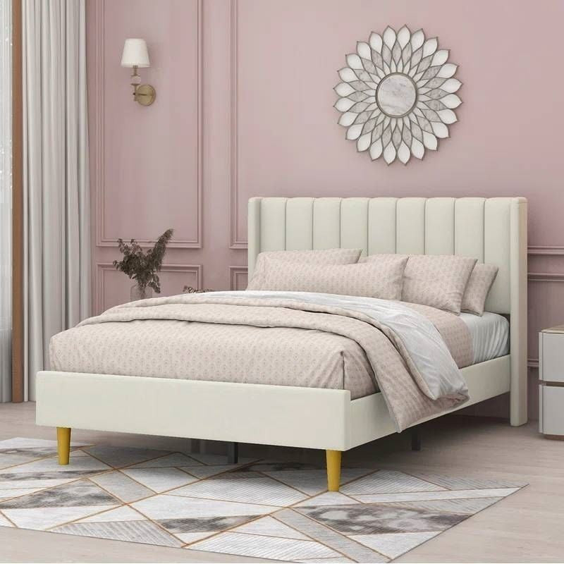 Full size Mid-Century Platform Bed Frame with Cream Velvet Upholstered Headboard-2