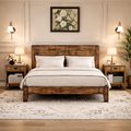 Full Wood Platform Bed with Headboard and 2 Rustic Nightstands Dark Brown Bedroom Set-0