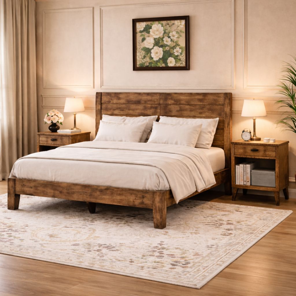 Full Wood Platform Bed with Headboard and 2 Rustic Nightstands Dark Brown Bedroom Set-1