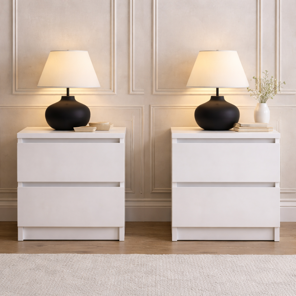 Queen Upholstered LED Platform Bed with 2 Drawer Nightstands, White High Gloss Set