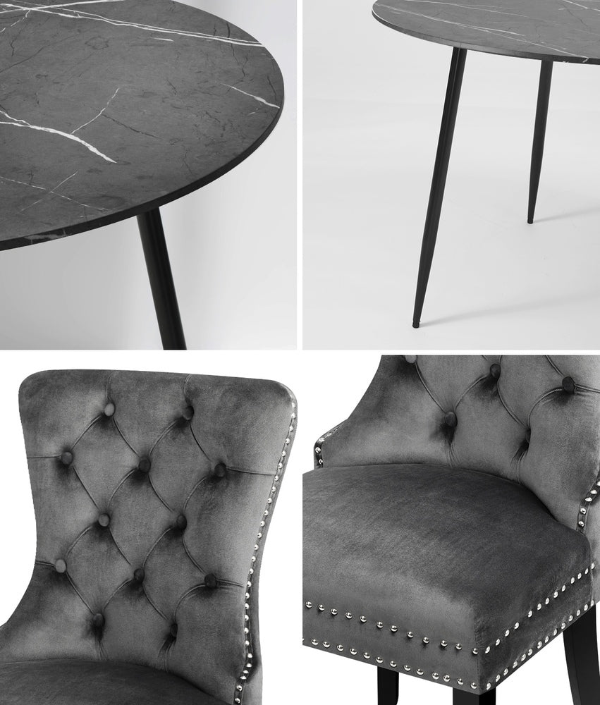 NNEED 110cm Round Dining Table with 4 Dining Chairs Velvet Grey