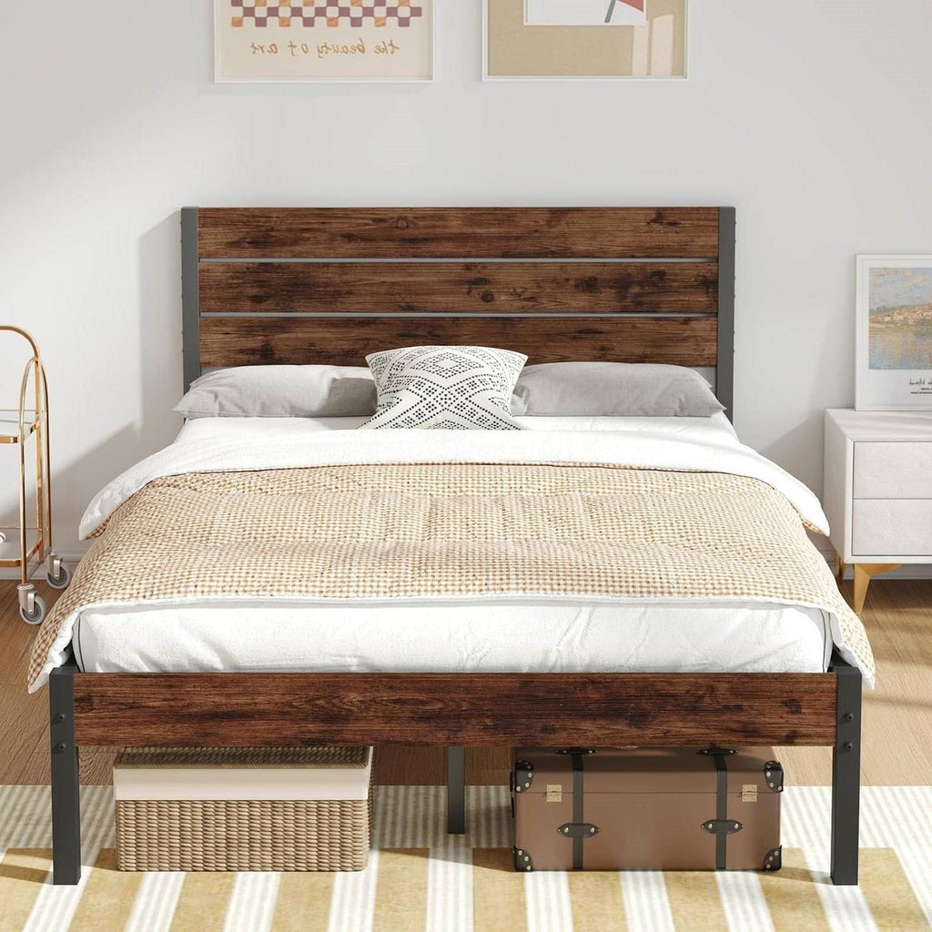 Full size Modern Farmhouse Metal Platform Bed Frame with Brown Wood Headboard-0