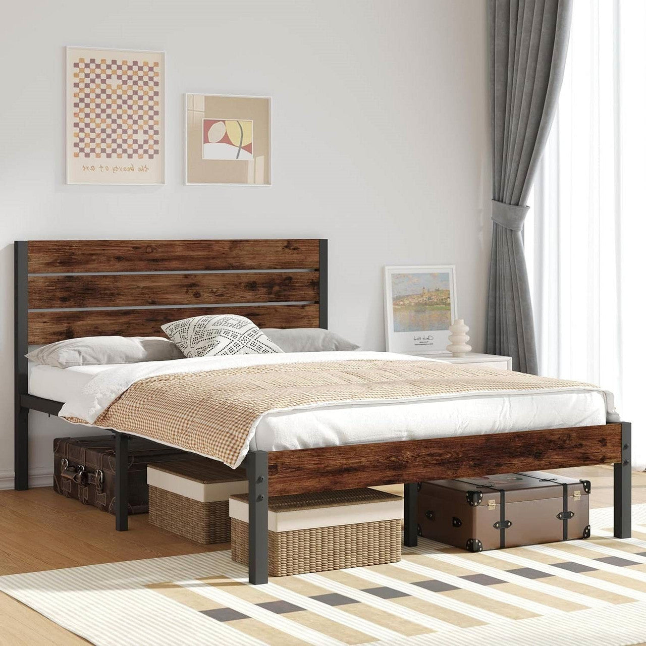 Full size Modern Farmhouse Metal Platform Bed Frame with Brown Wood Headboard-2