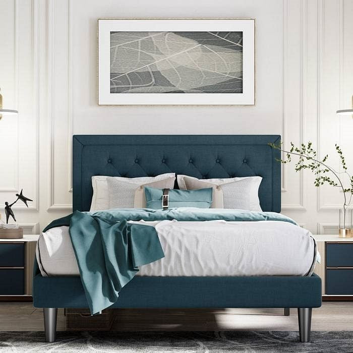 Full Size Adjustable Height Platform Bed Frame with Blue Upholstered Headboard-2